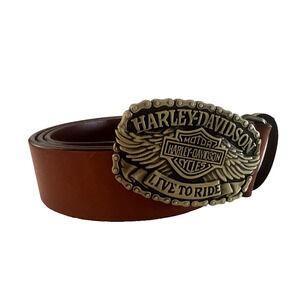 Harley Davidson Motorcycles Men's Brown Genuine Leather Belt LIVE TO RIDE Buckle